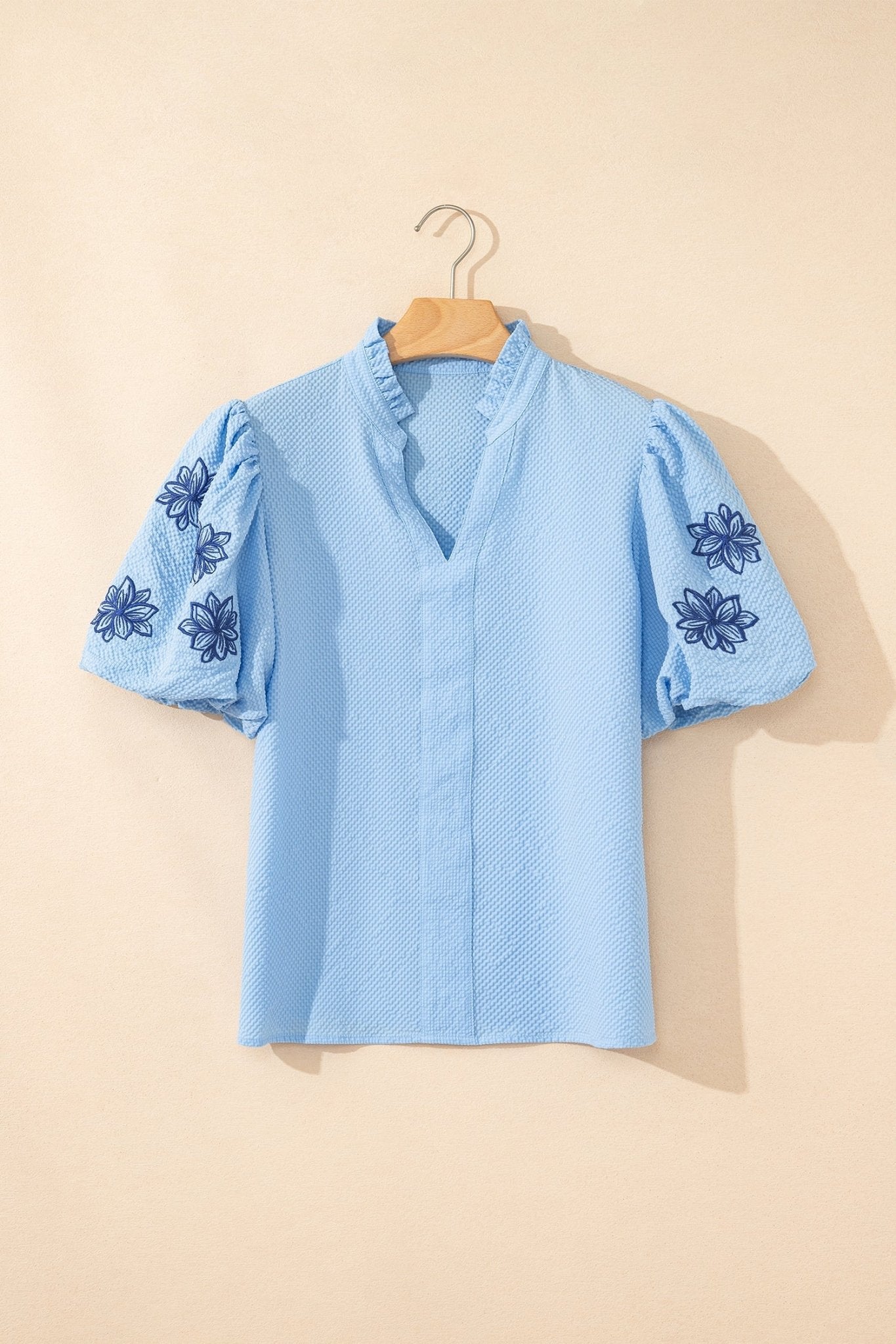 Flower Embroidered Puff Sleeve Split Neck Blouse - Rooted & Reckless Co.