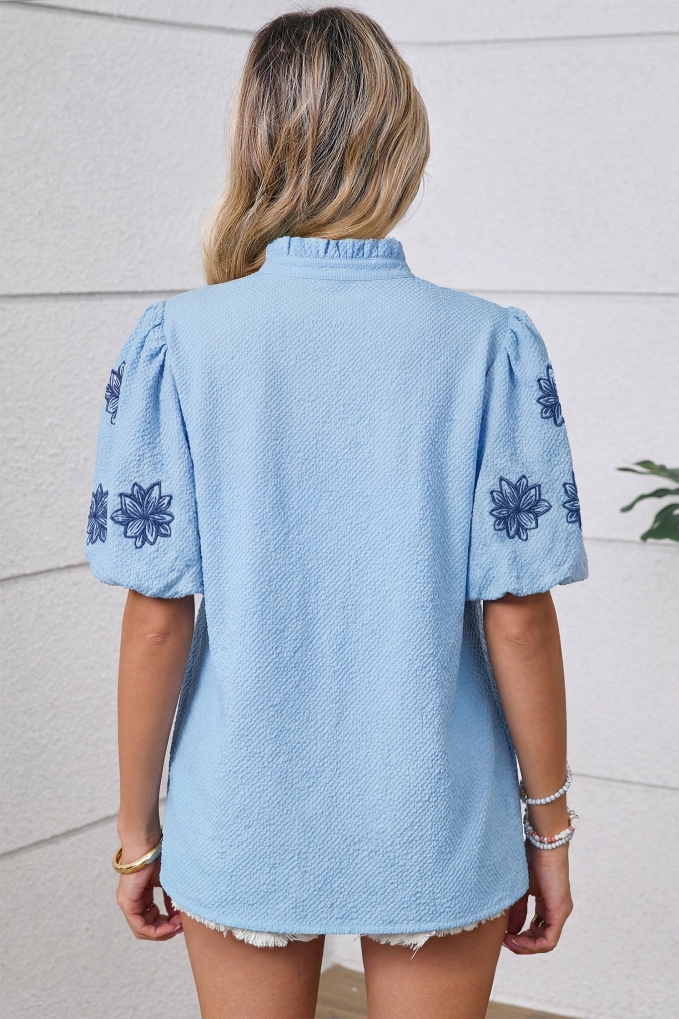 Flower Embroidered Puff Sleeve Split Neck Blouse - Rooted & Reckless Co.