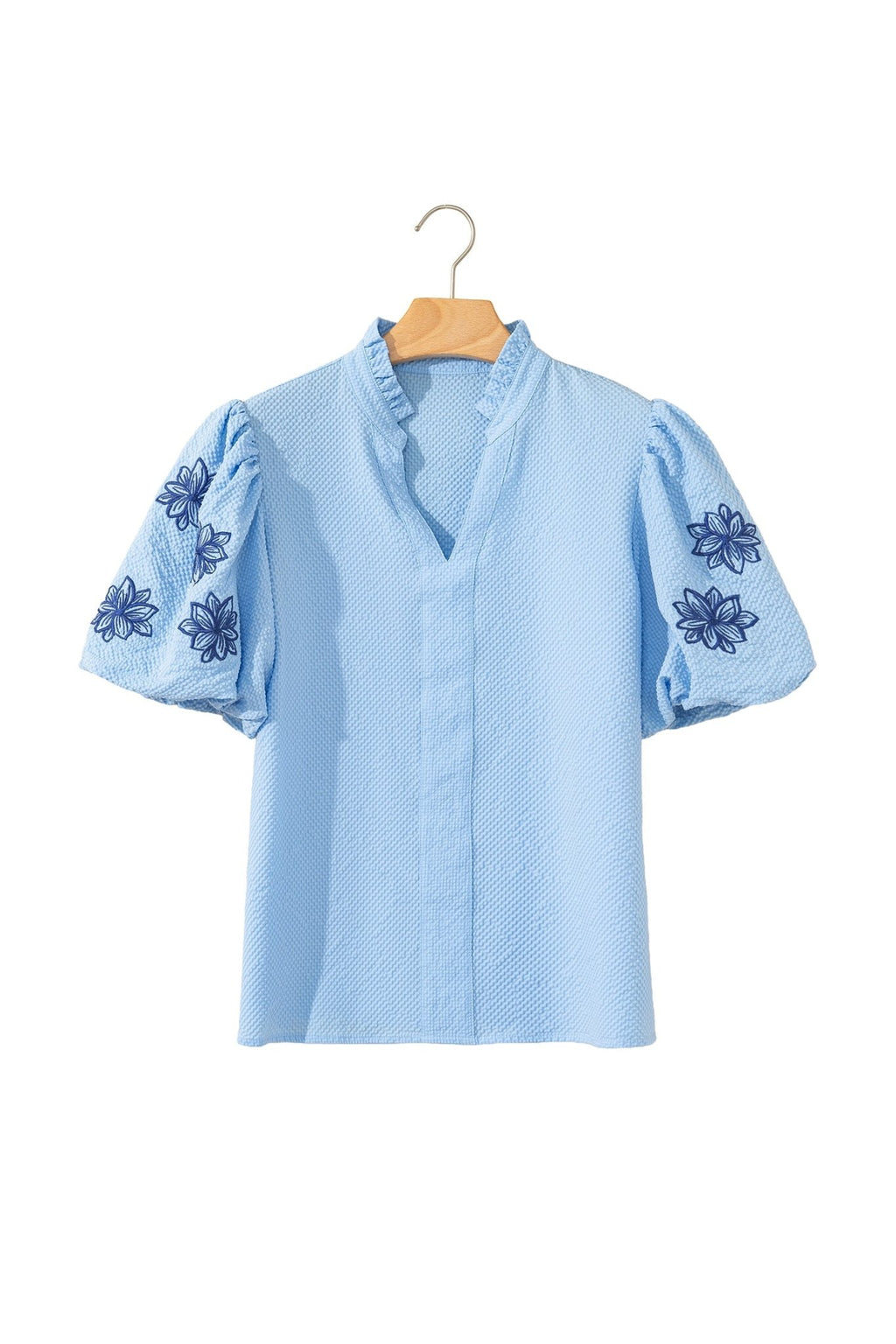 Flower Embroidered Puff Sleeve Split Neck Blouse - Rooted & Reckless Co.