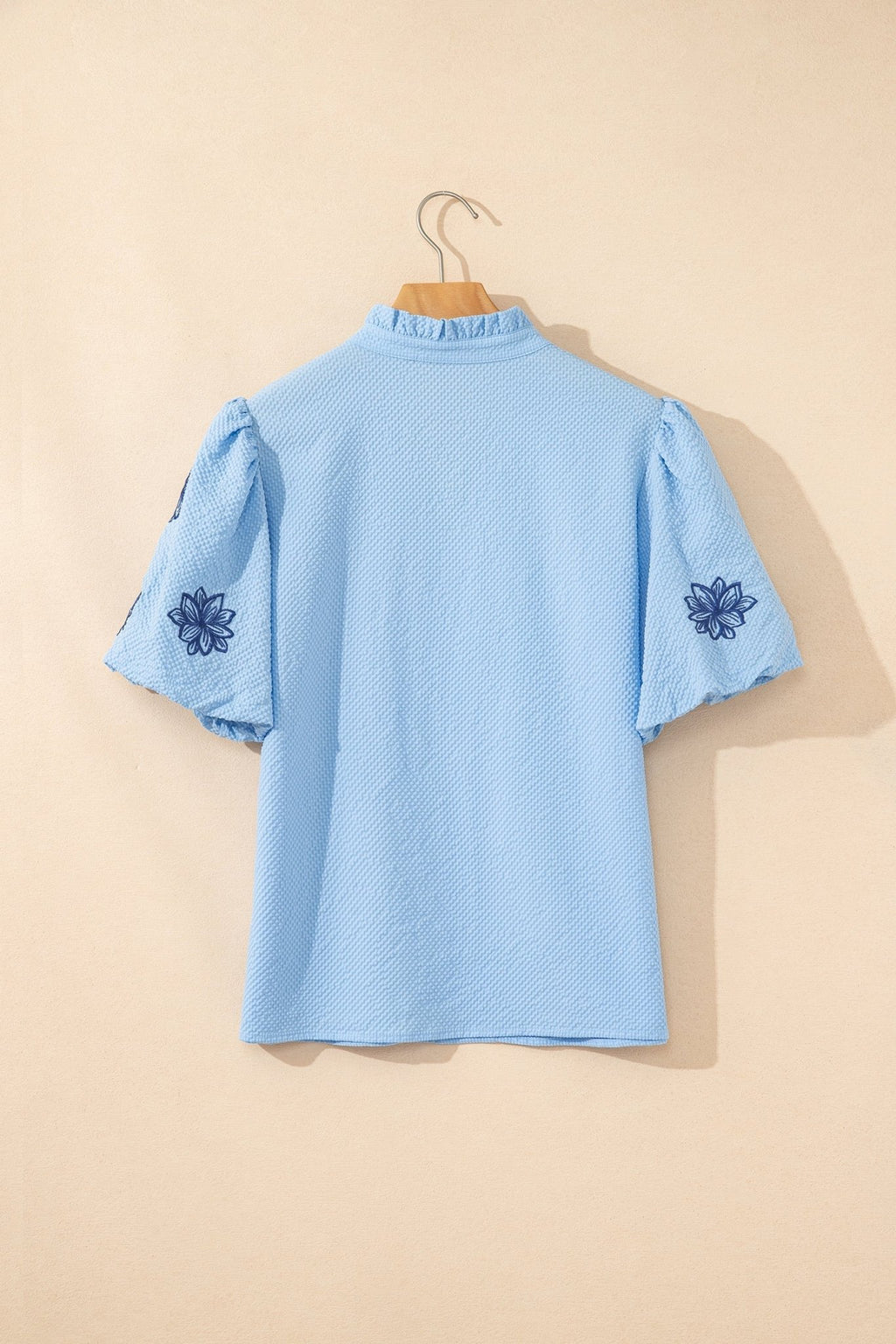 Flower Embroidered Puff Sleeve Split Neck Blouse - Rooted & Reckless Co.