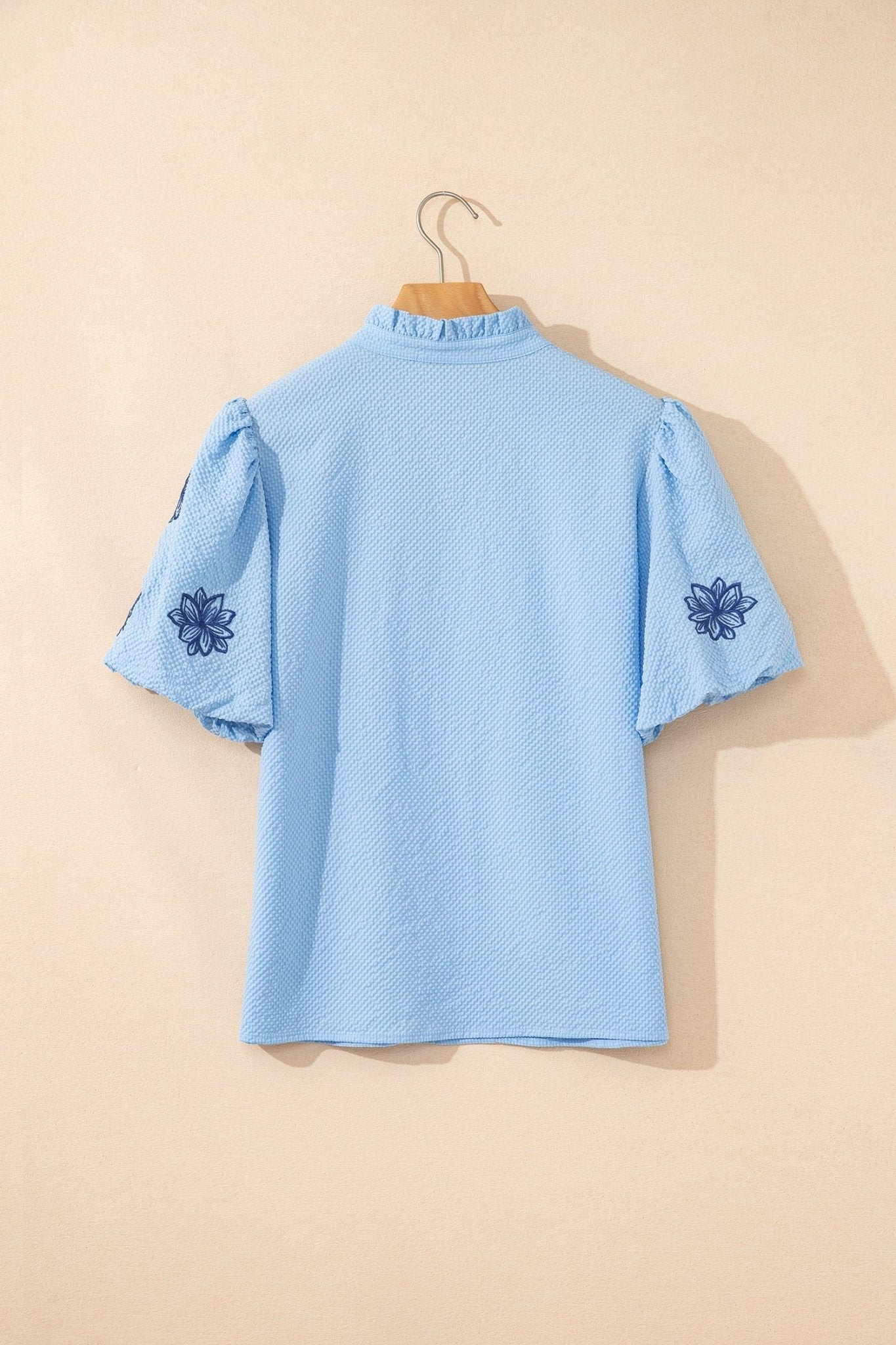 Flower Embroidered Puff Sleeve Split Neck Blouse - Rooted & Reckless Co.