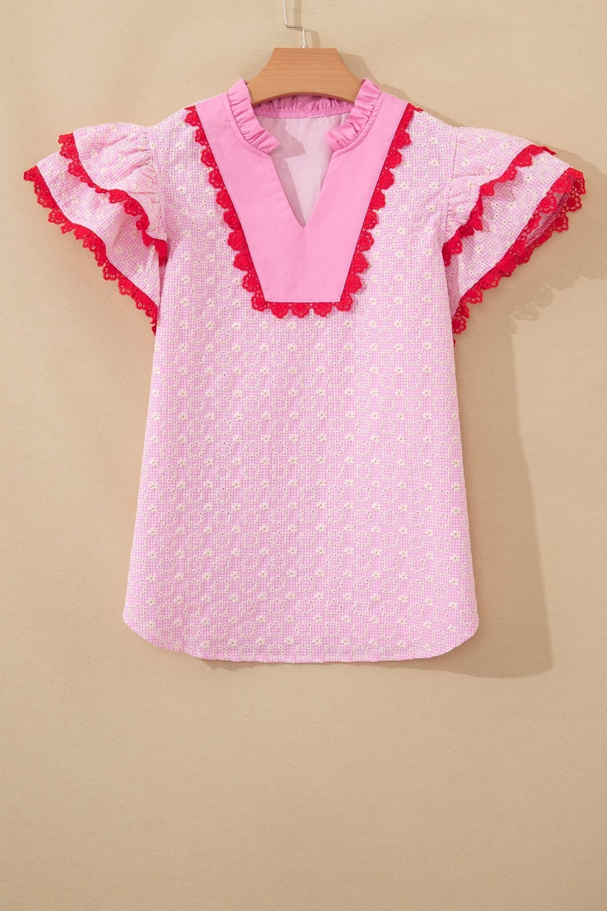 Flower Eyelet Embroidered Lace Flutter Sleeve Blouse - Rooted & Reckless Co.