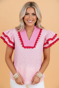 Flower Eyelet Embroidered Lace Flutter Sleeve Blouse - Rooted & Reckless Co.