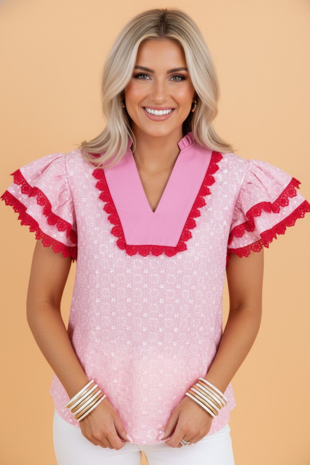 Flower Eyelet Embroidered Lace Flutter Sleeve Blouse - Rooted & Reckless Co.