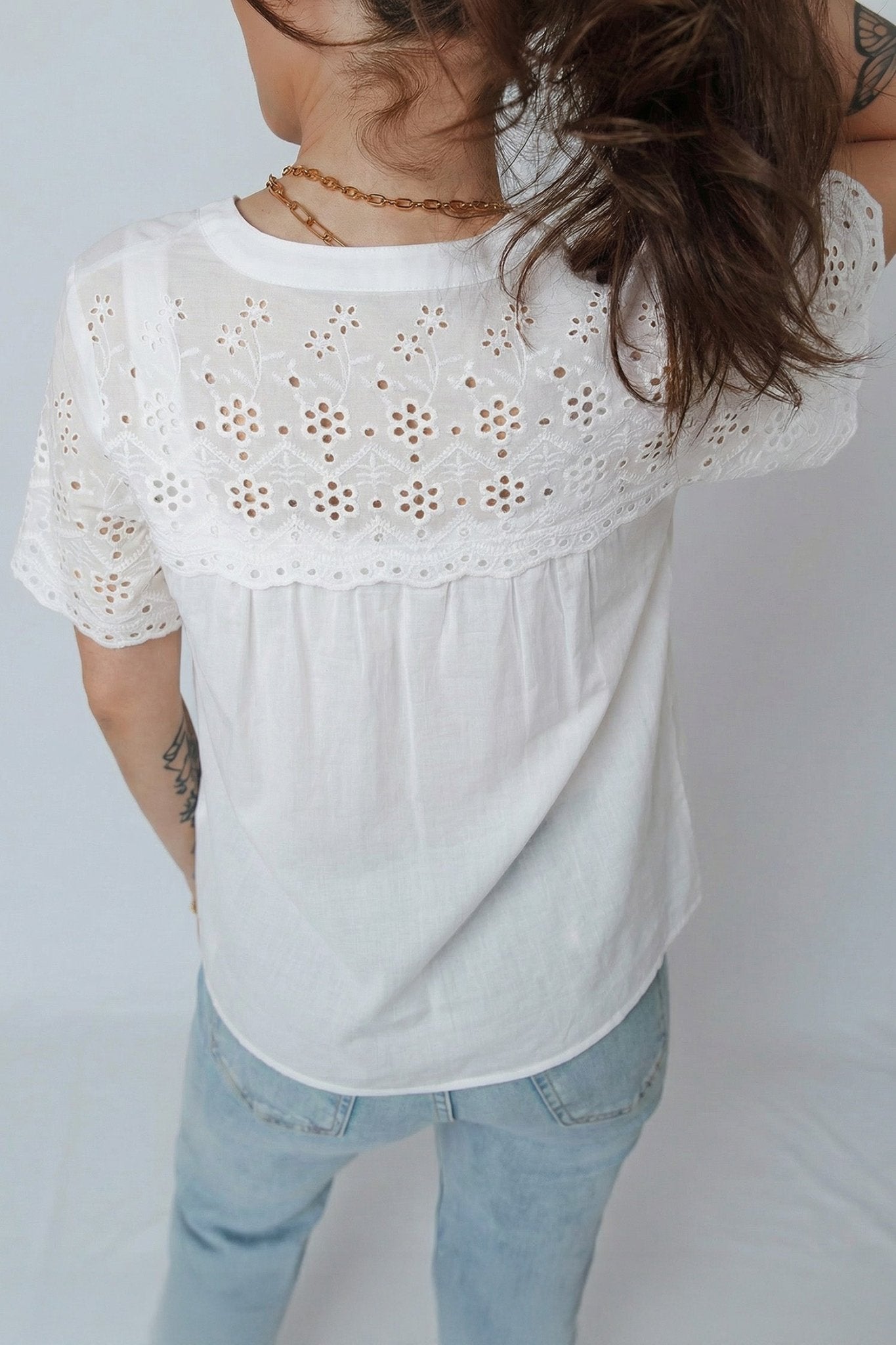 Flower Eyelet Embroidered Patchwork Sheer Shirt - Rooted & Reckless Co.