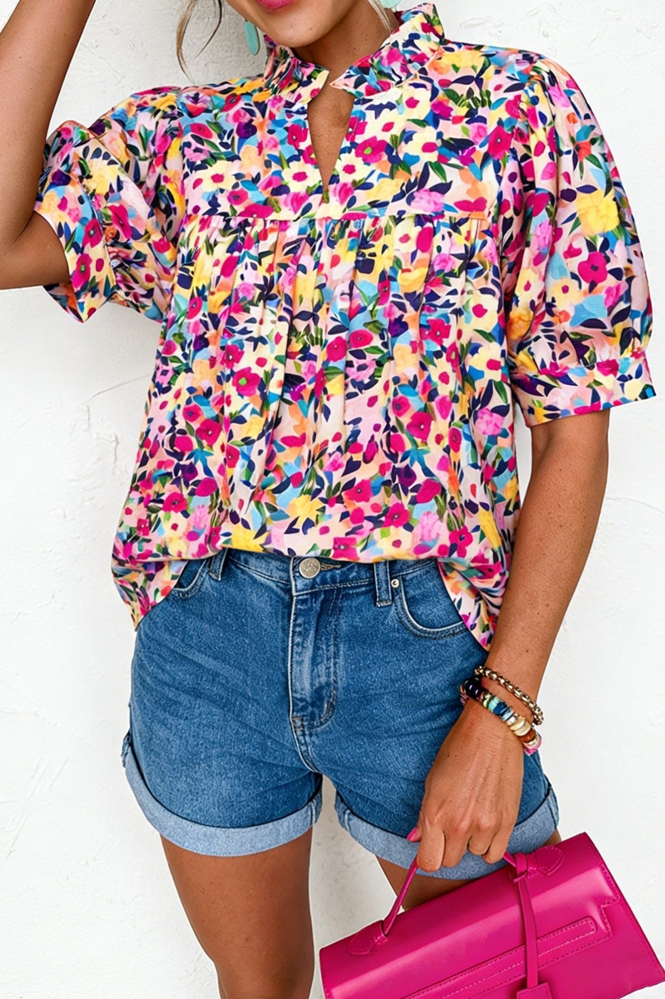 Flower Frilled Collar Puff Sleeve Blouse - Rooted & Reckless Co.
