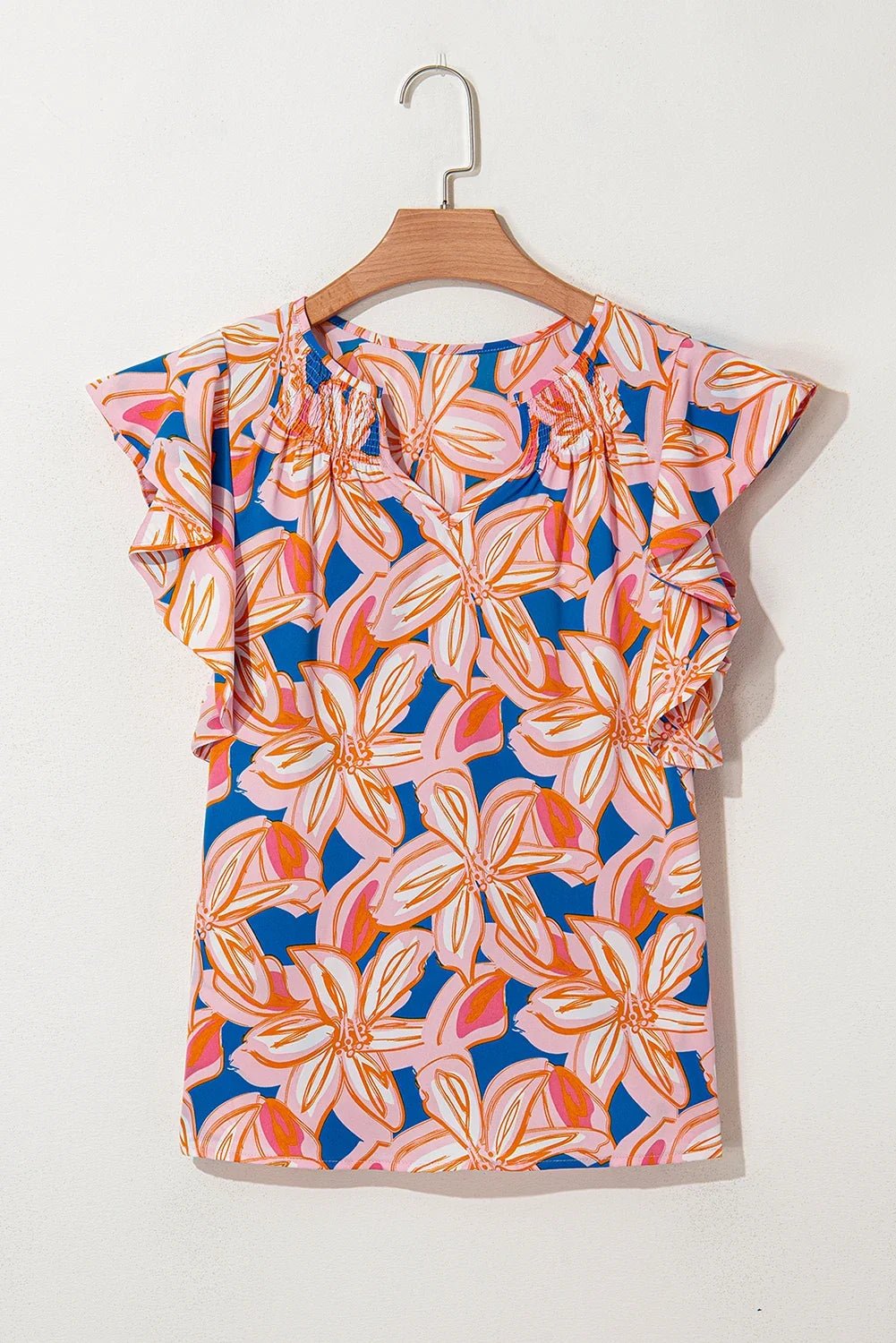 Flower Notch Neck Ruffle Sleeve Blouse - Rooted & Reckless Co.