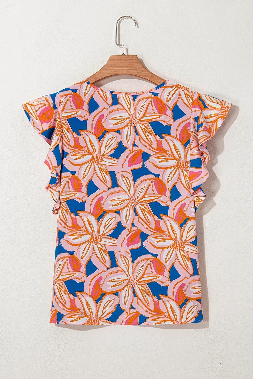 Flower Notch Neck Ruffle Sleeve Blouse - Rooted & Reckless Co.