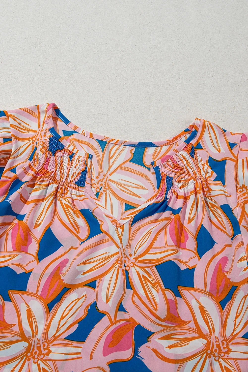 Flower Notch Neck Ruffle Sleeve Blouse - Rooted & Reckless Co.