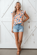 Flower Notch Neck Ruffle Sleeve Blouse - Rooted & Reckless Co.
