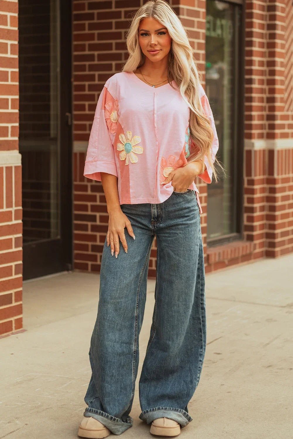 Flower Patch Exposed Seam 3/4 Sleeve T-Shirt - Rooted & Reckless Co.