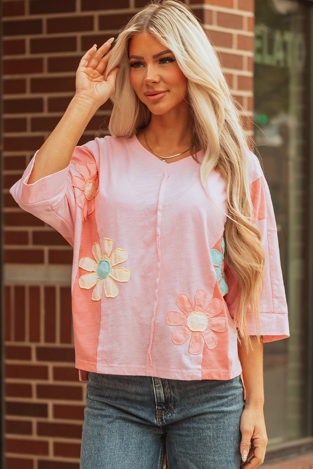 Flower Patch Exposed Seam 3/4 Sleeve T-Shirt - Rooted & Reckless Co.