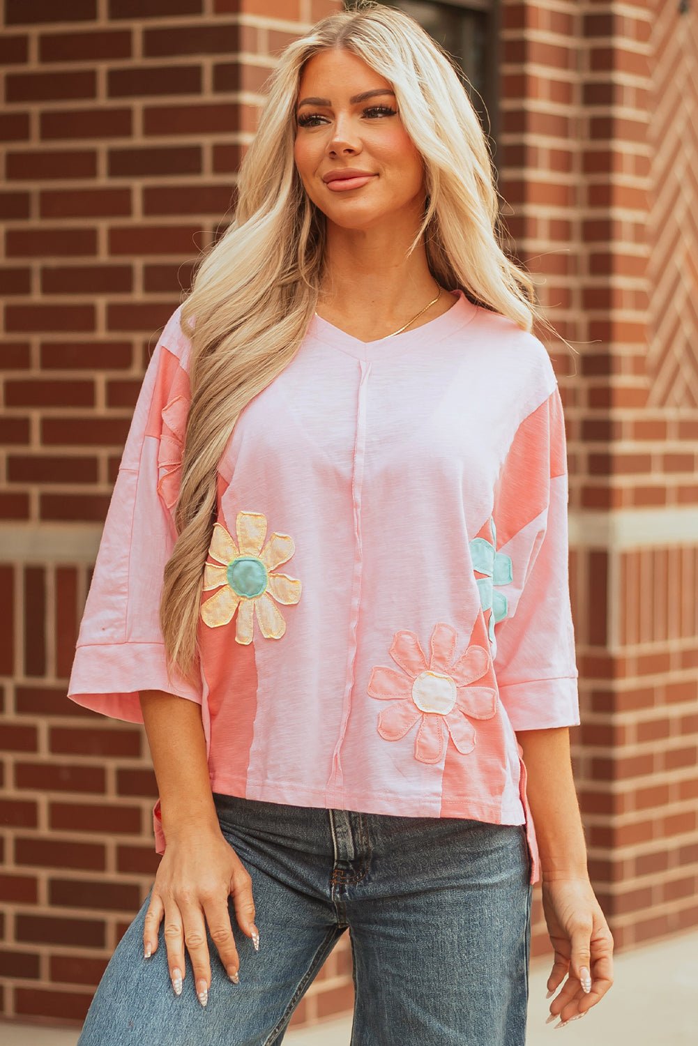 Flower Patch Exposed Seam 3/4 Sleeve T-Shirt - Rooted & Reckless Co.