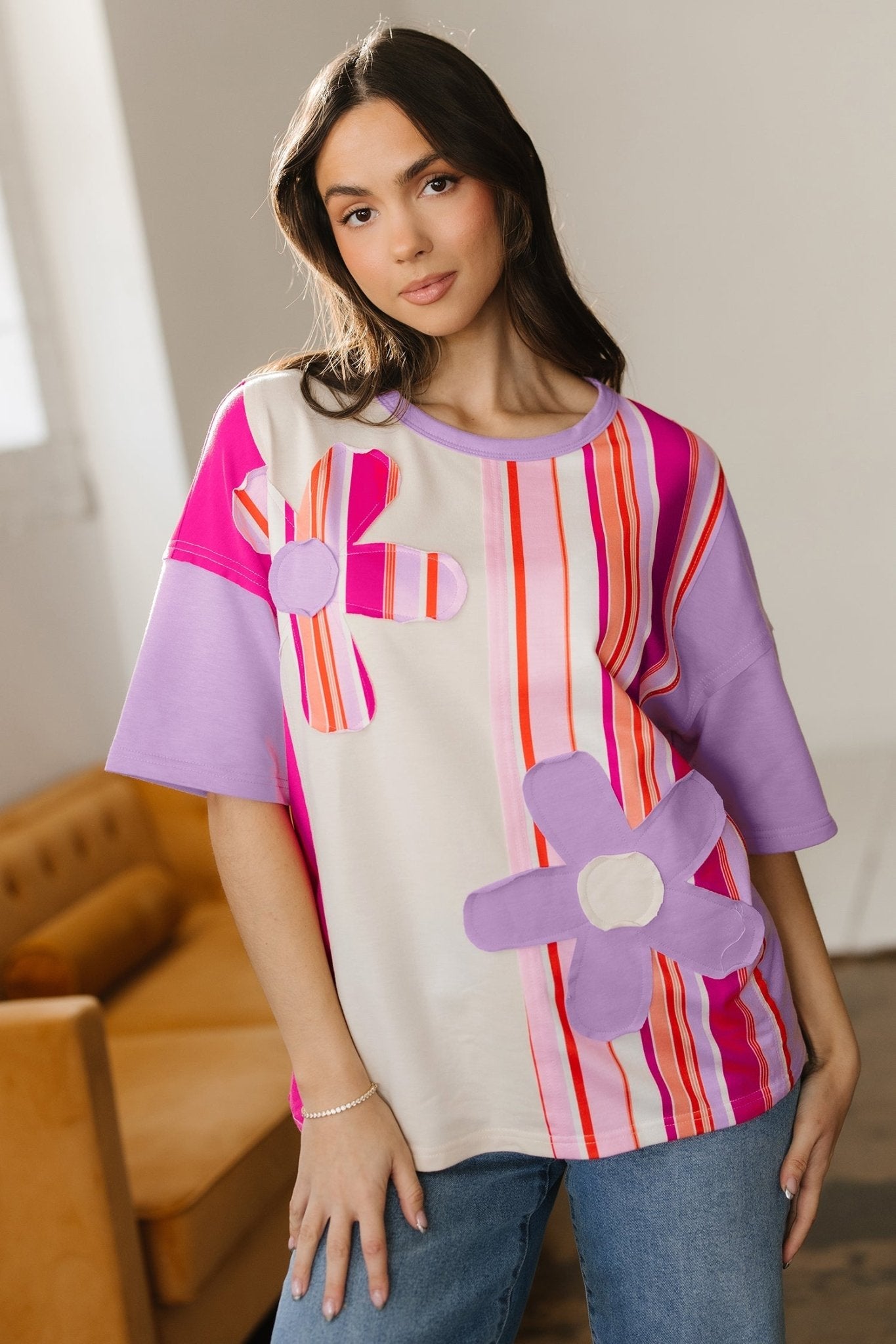 Flower Patch Stripe Colorblock Short Sleeve Top - Rooted & Reckless Co.