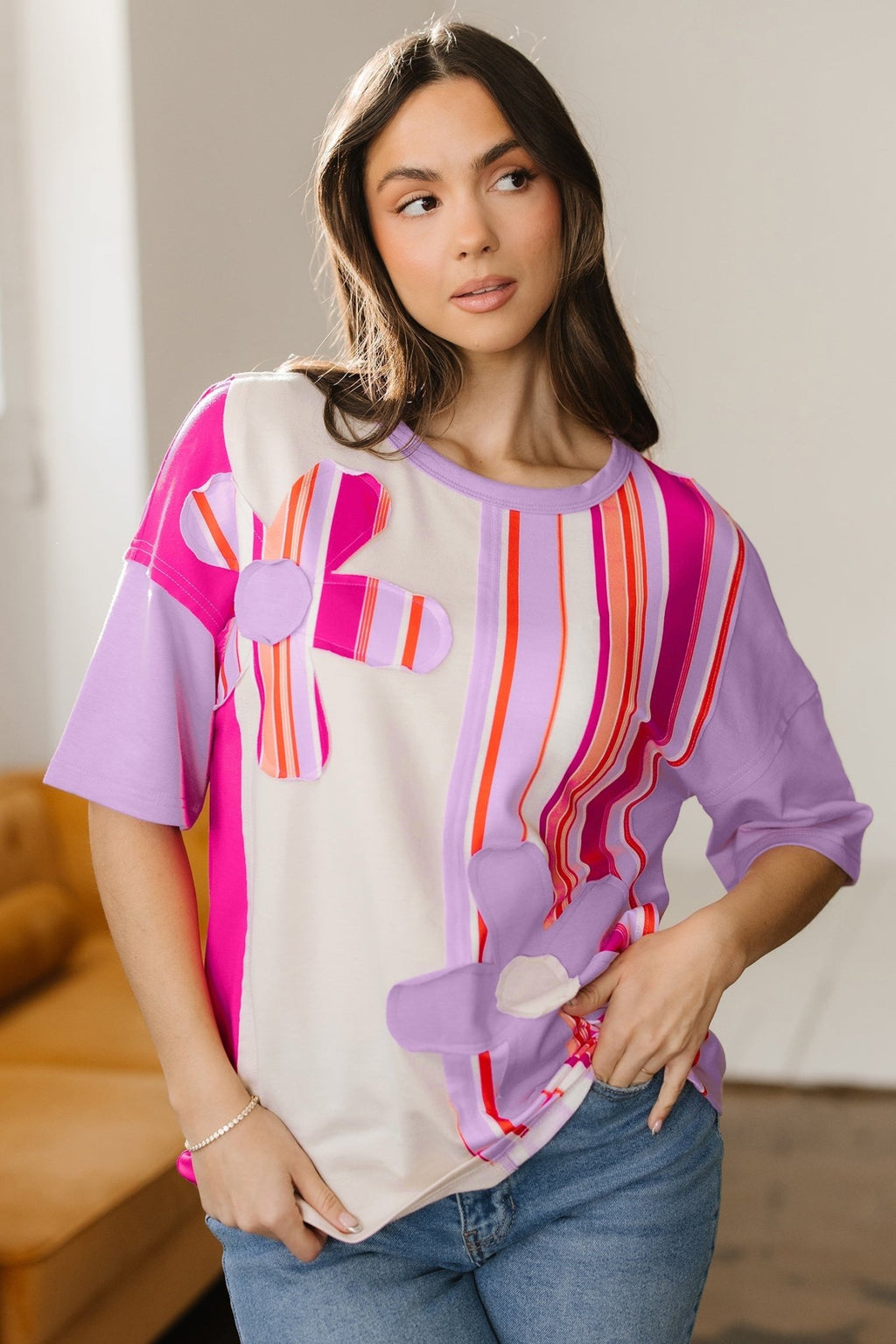 Flower Patch Stripe Colorblock Short Sleeve Top - Rooted & Reckless Co.