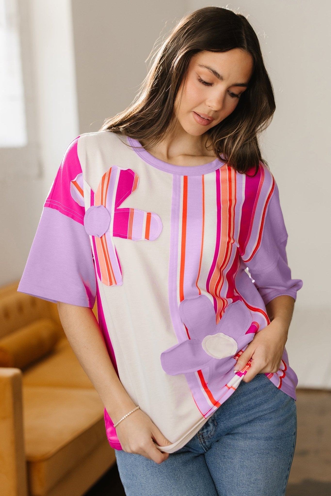 Flower Patch Stripe Colorblock Short Sleeve Top - Rooted & Reckless Co.