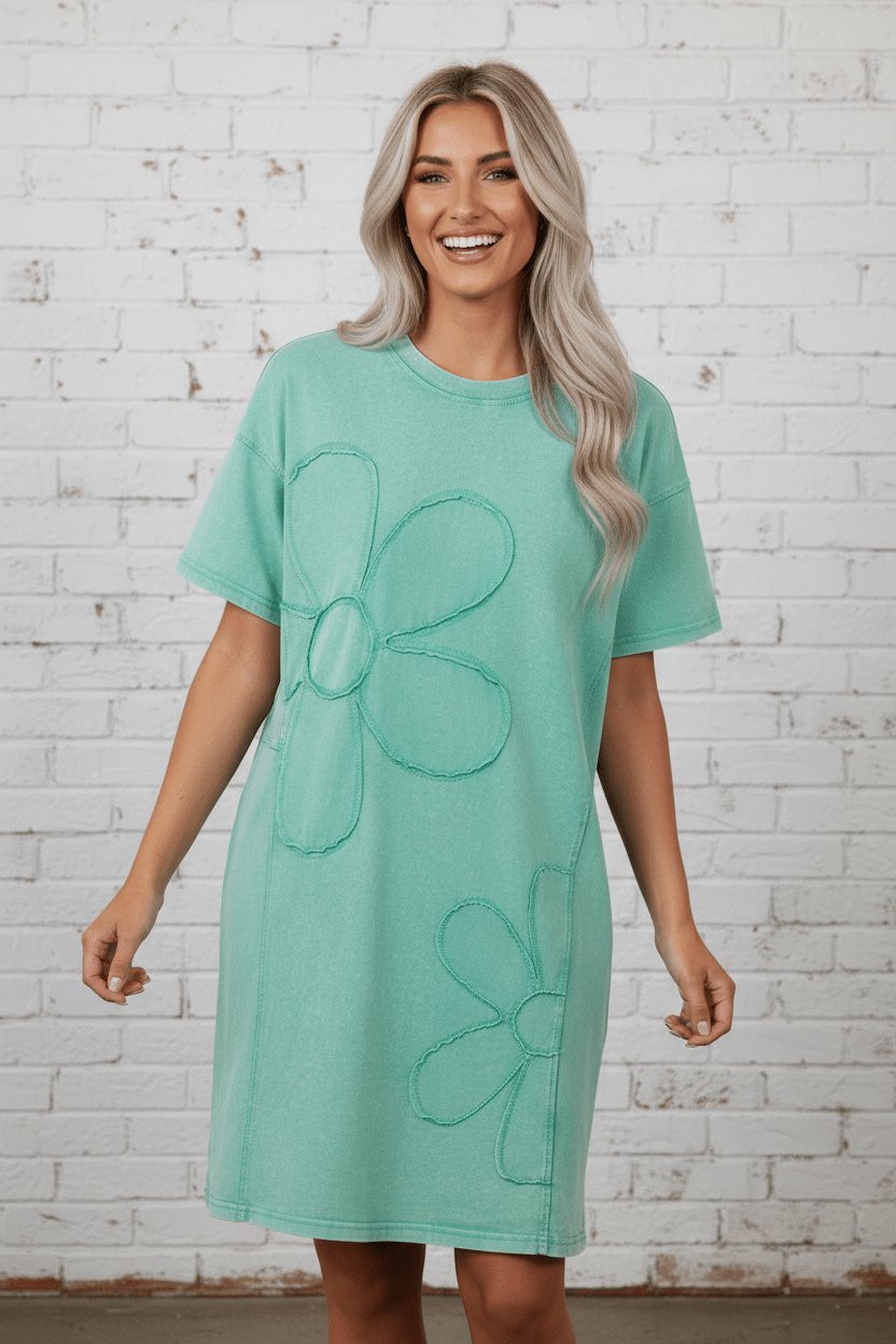 Flower Patchwork Mineral Wash Mini T-Shirt Dress - Rooted & Reckless Co.