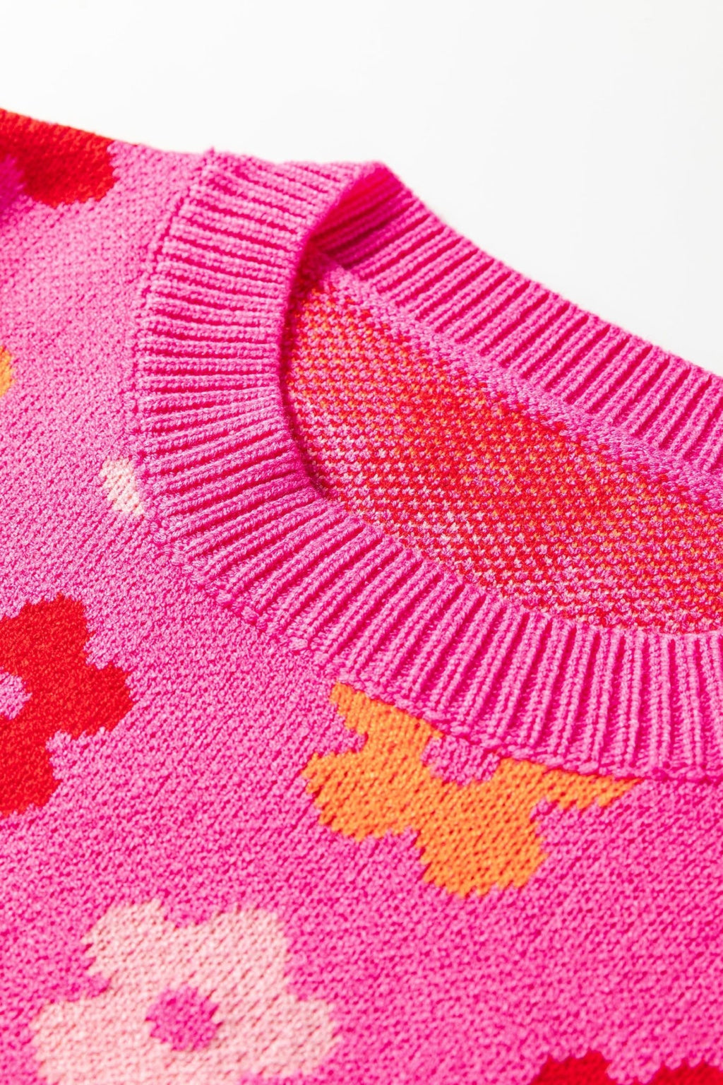 Flower Ribbed Trim Drop Shoulder Sweater - Rooted & Reckless Co.
