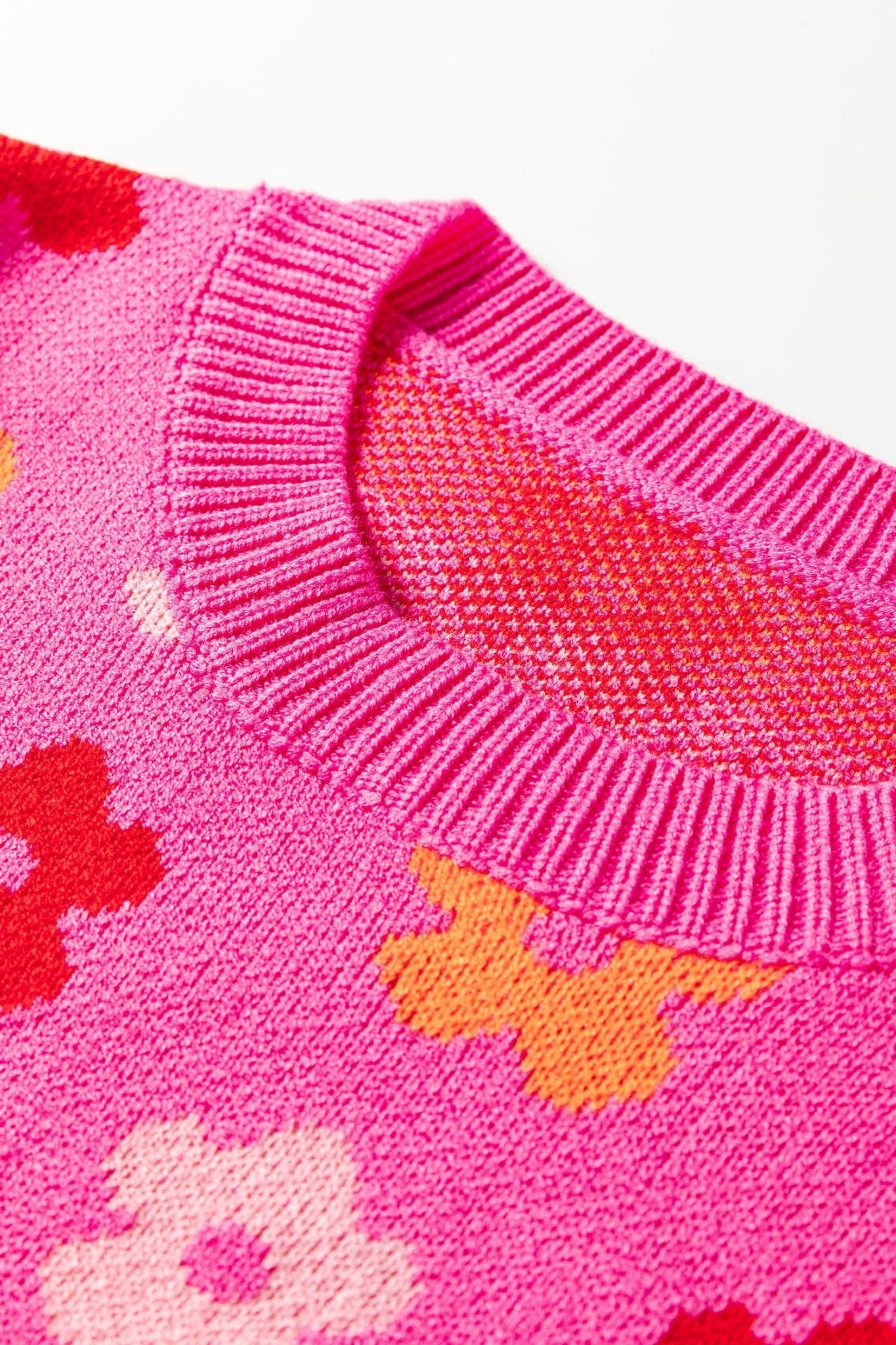 Flower Ribbed Trim Drop Shoulder Sweater - Rooted & Reckless Co.