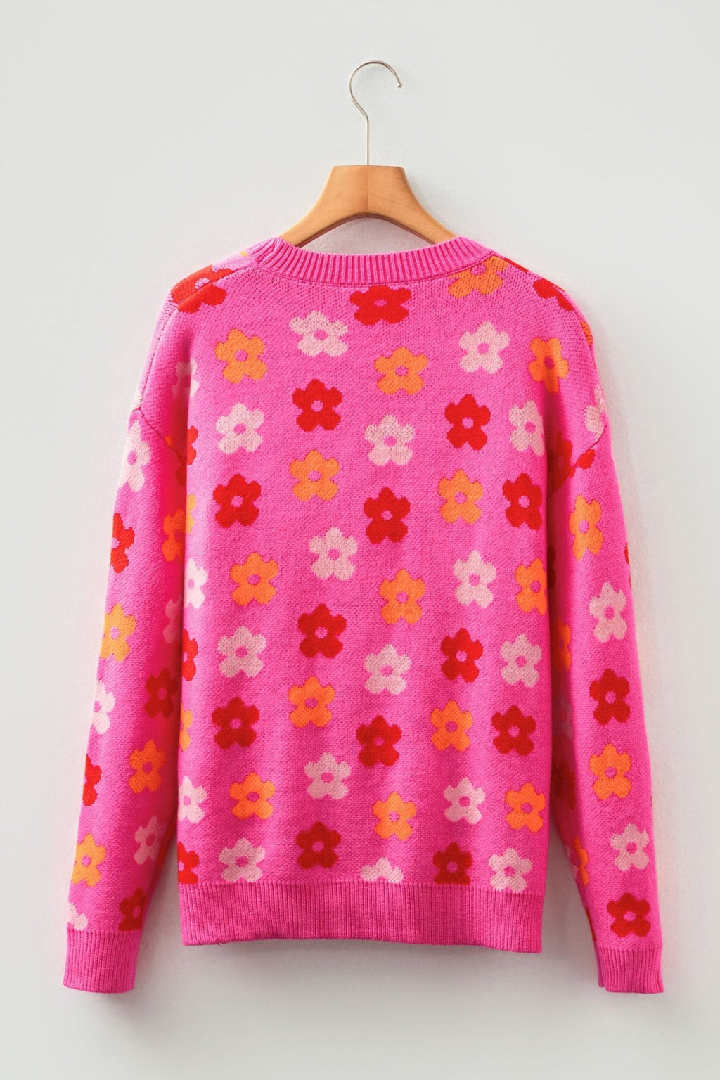 Flower Ribbed Trim Drop Shoulder Sweater - Rooted & Reckless Co.
