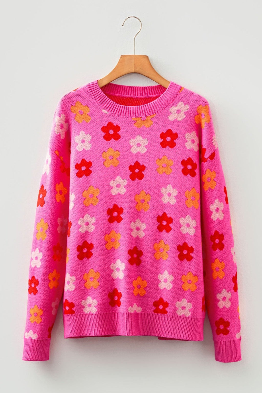 Flower Ribbed Trim Drop Shoulder Sweater - Rooted & Reckless Co.