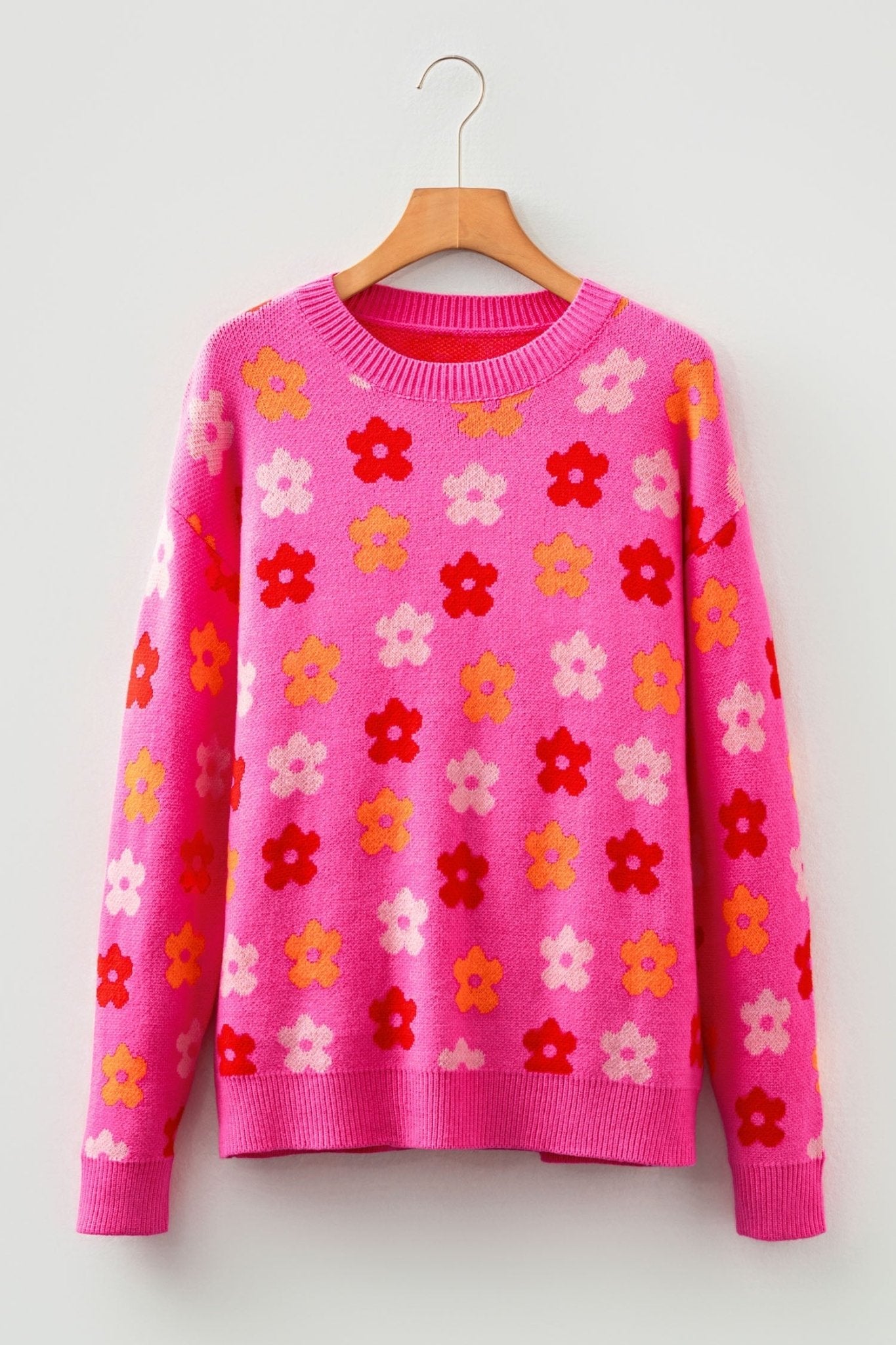 Flower Ribbed Trim Drop Shoulder Sweater - Rooted & Reckless Co.