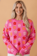 Flower Ribbed Trim Drop Shoulder Sweater - Rooted & Reckless Co.