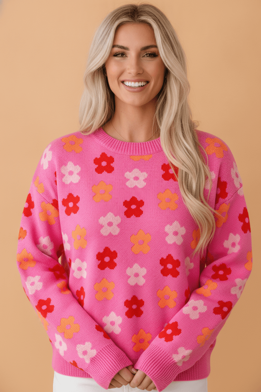 Flower Ribbed Trim Drop Shoulder Sweater - Rooted & Reckless Co.