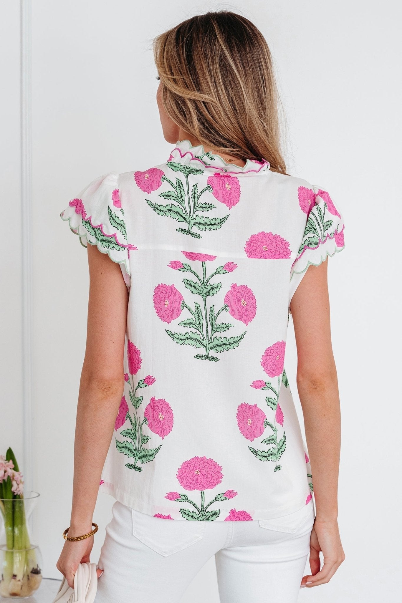 Flower Scallop Contrast Trim Short Sleeve Blouse - Rooted & Reckless Co.