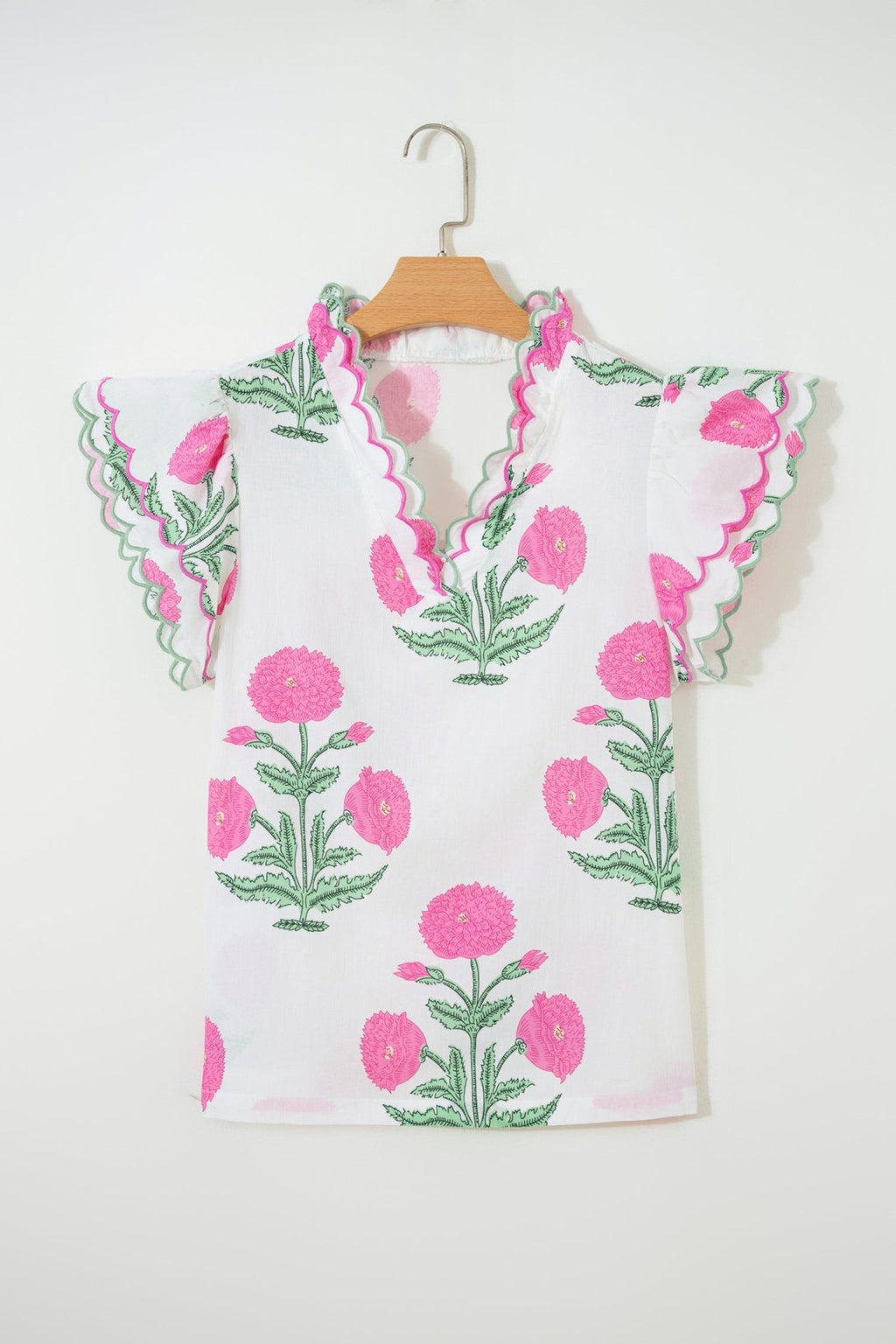 Flower Scallop Contrast Trim Short Sleeve Blouse - Rooted & Reckless Co.