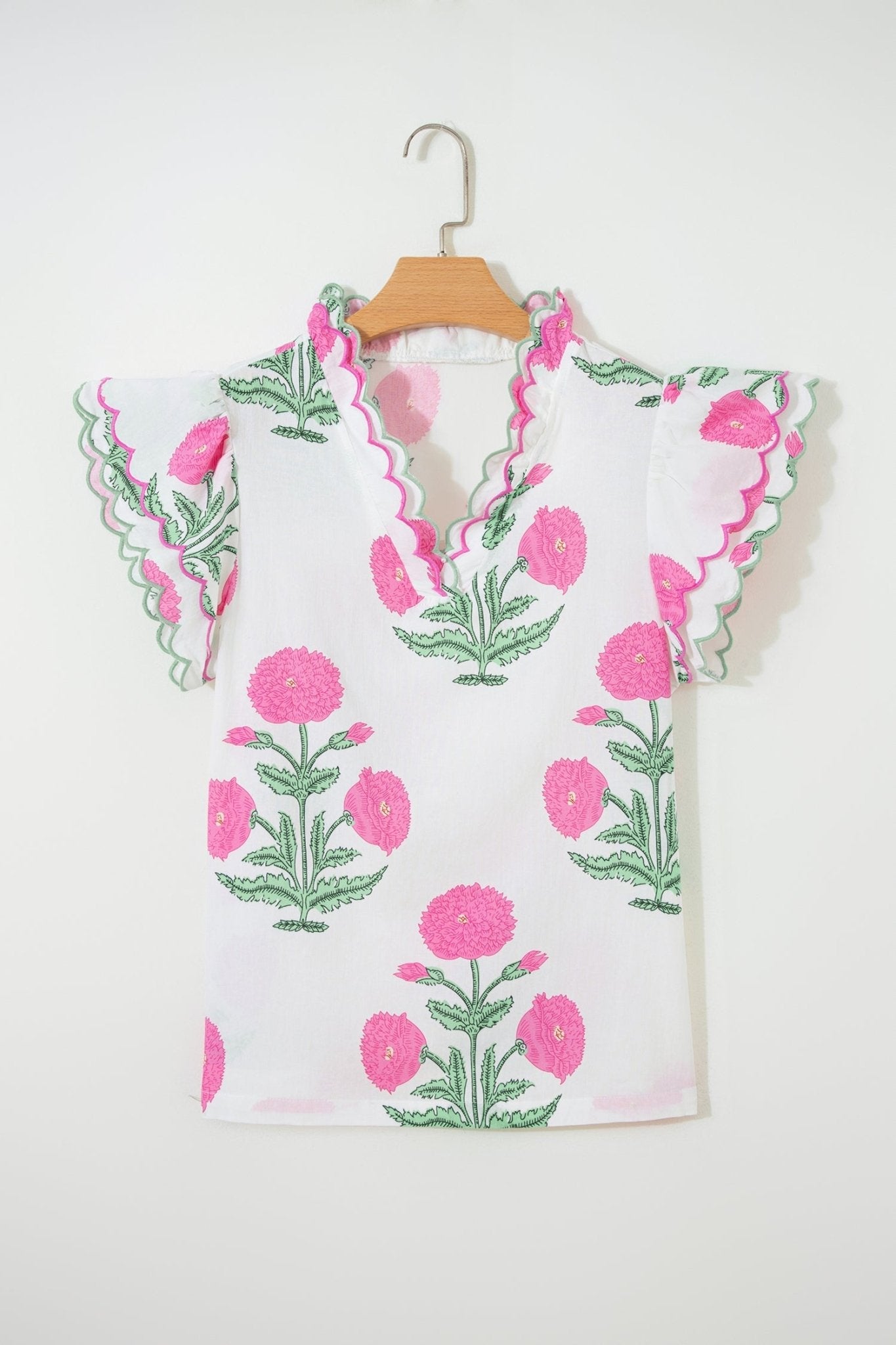 Flower Scallop Contrast Trim Short Sleeve Blouse - Rooted & Reckless Co.