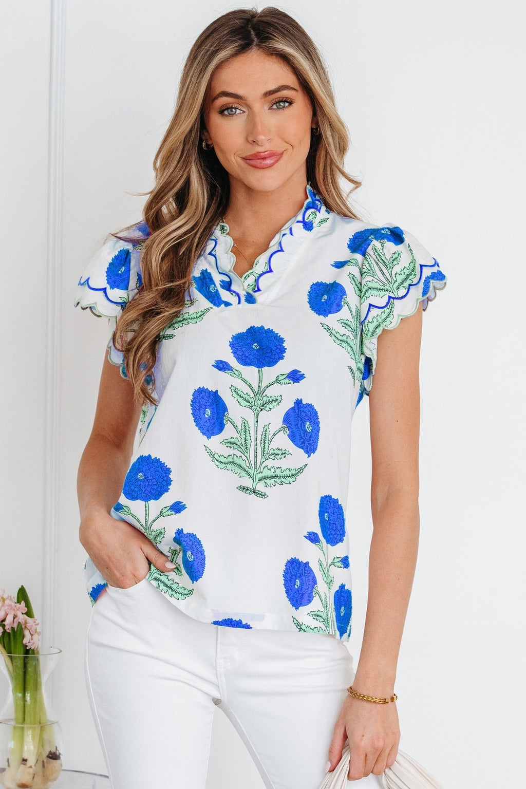 Flower Scallop Contrast Trim Short Sleeve Blouse - Rooted & Reckless Co.