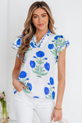 Flower Scallop Contrast Trim Short Sleeve Blouse - Rooted & Reckless Co.