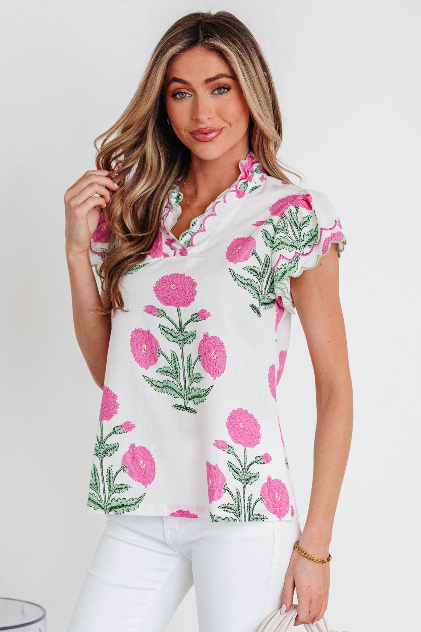 Flower Scallop Contrast Trim Short Sleeve Blouse - Rooted & Reckless Co.