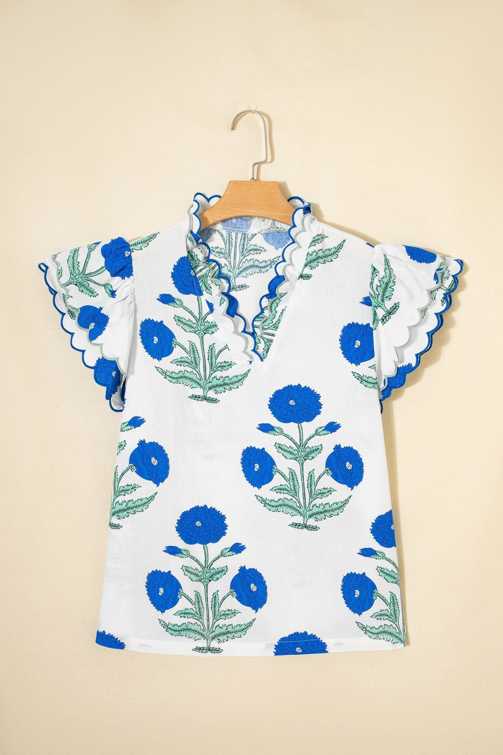 Flower Scallop Contrast Trim Short Sleeve Blouse - Rooted & Reckless Co.