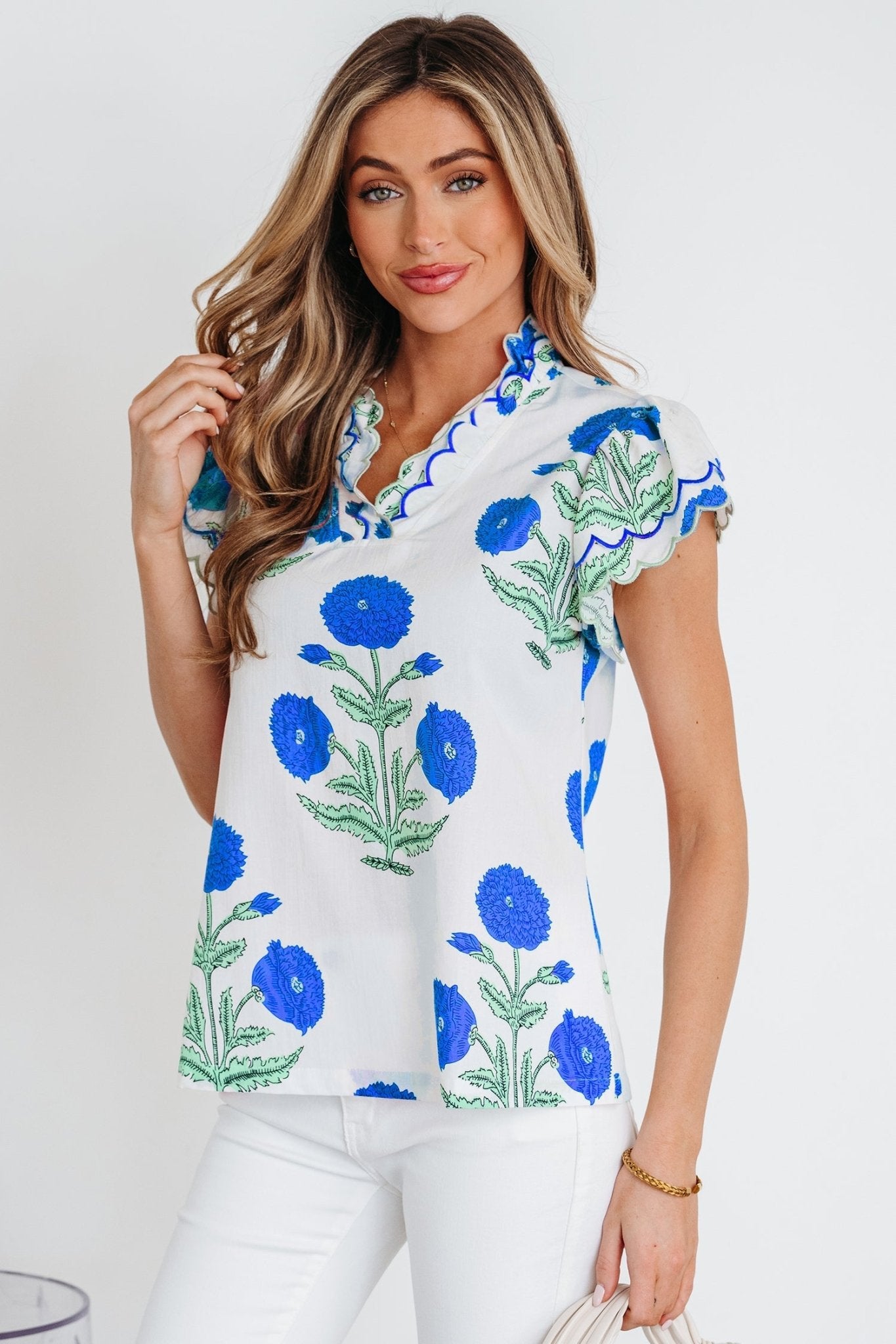 Flower Scallop Contrast Trim Short Sleeve Blouse - Rooted & Reckless Co.