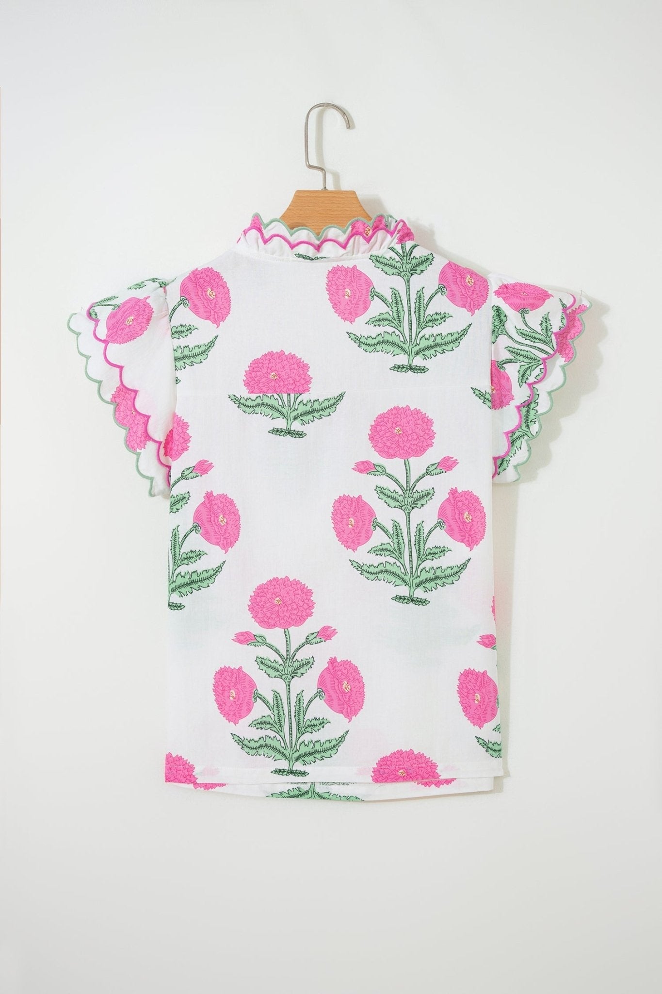 Flower Scallop Contrast Trim Short Sleeve Blouse - Rooted & Reckless Co.