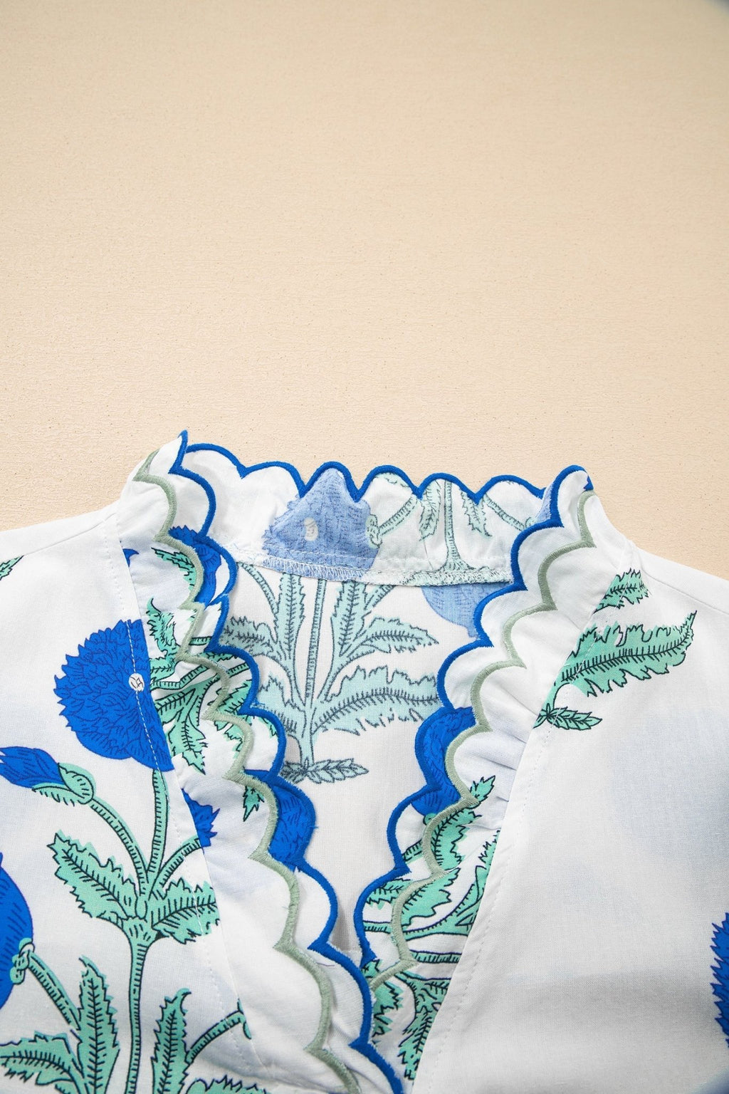 Flower Scallop Contrast Trim Short Sleeve Blouse - Rooted & Reckless Co.