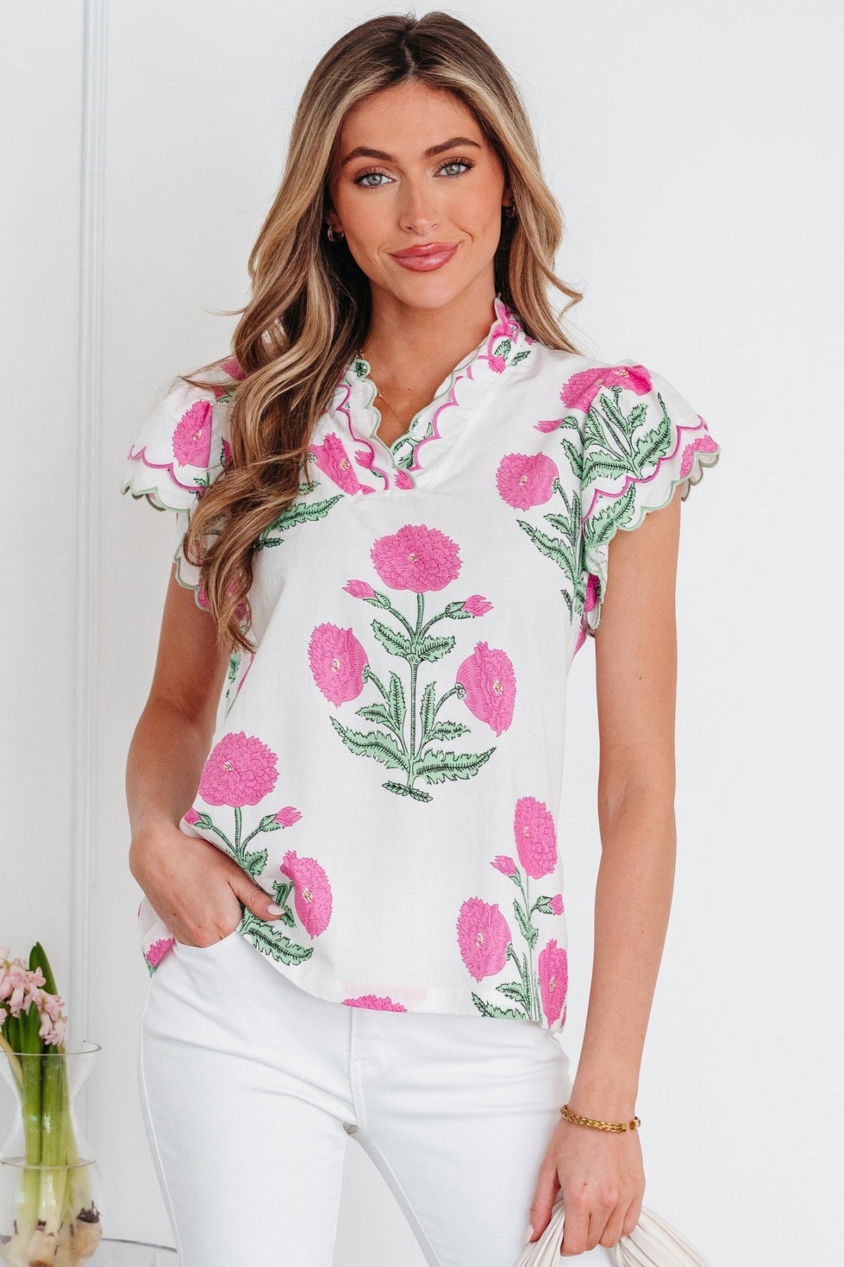 Flower Scallop Contrast Trim Short Sleeve Blouse - Rooted & Reckless Co.