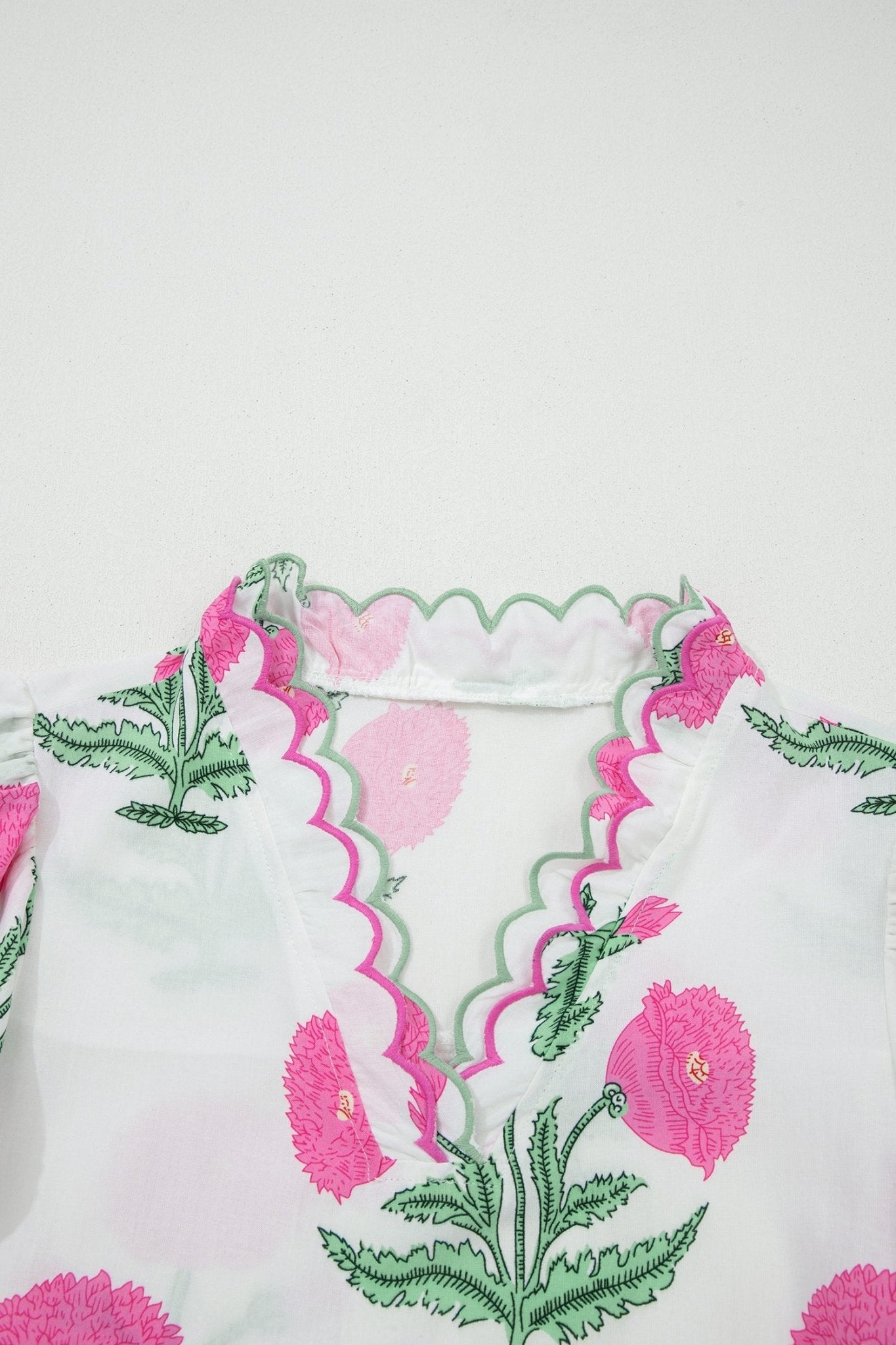 Flower Scallop Contrast Trim Short Sleeve Blouse - Rooted & Reckless Co.