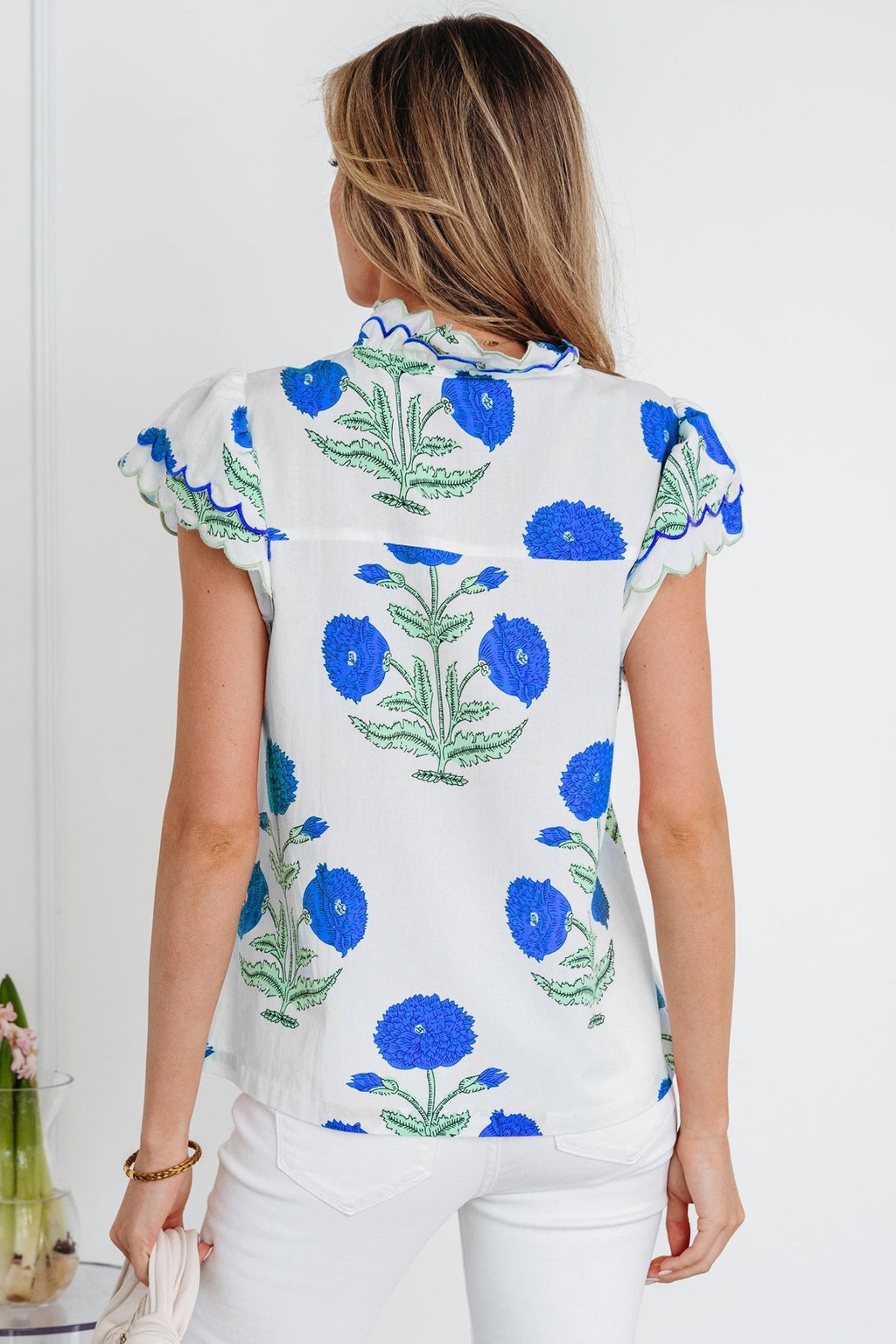 Flower Scallop Contrast Trim Short Sleeve Blouse - Rooted & Reckless Co.