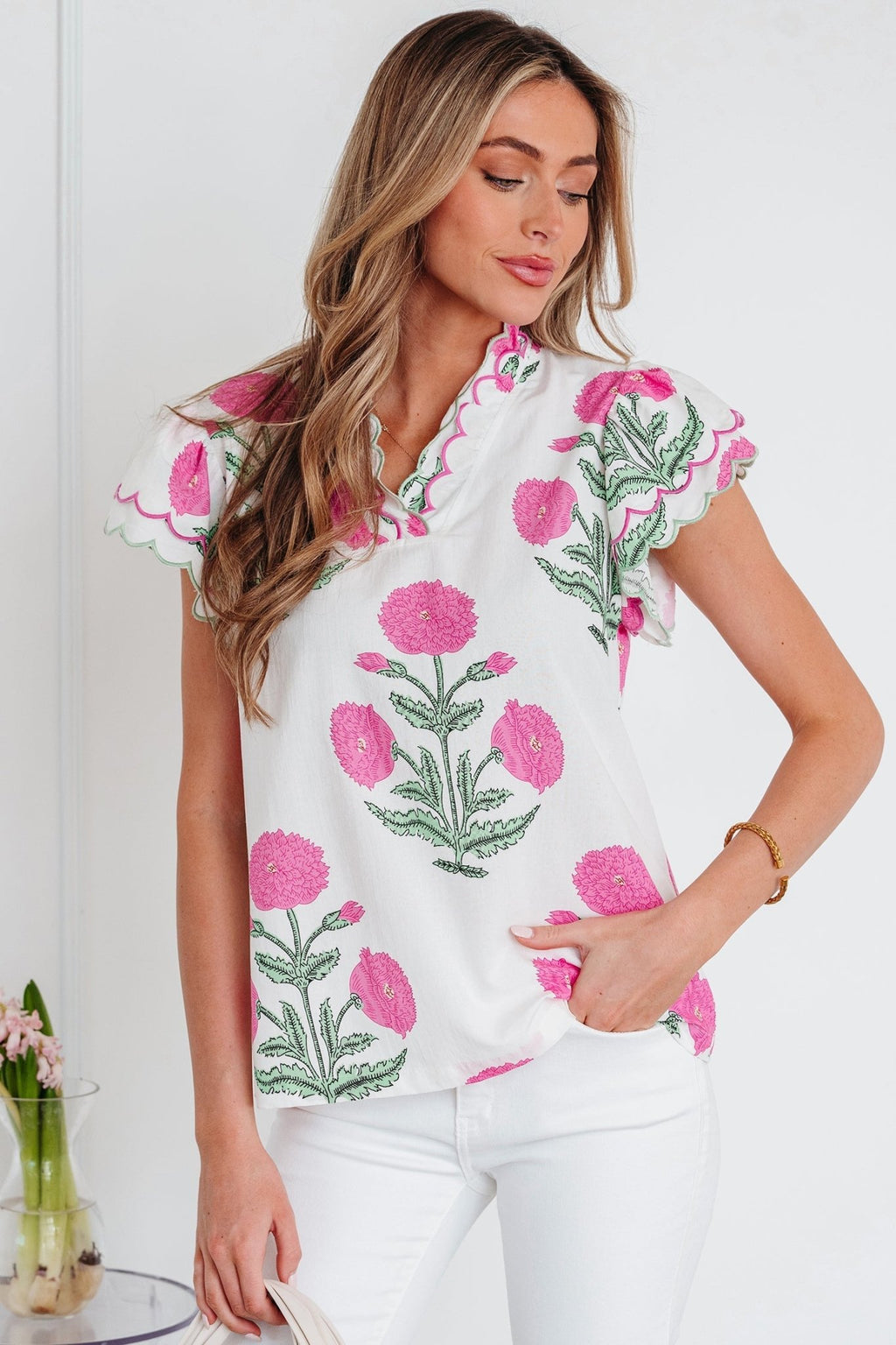 Flower Scallop Contrast Trim Short Sleeve Blouse - Rooted & Reckless Co.