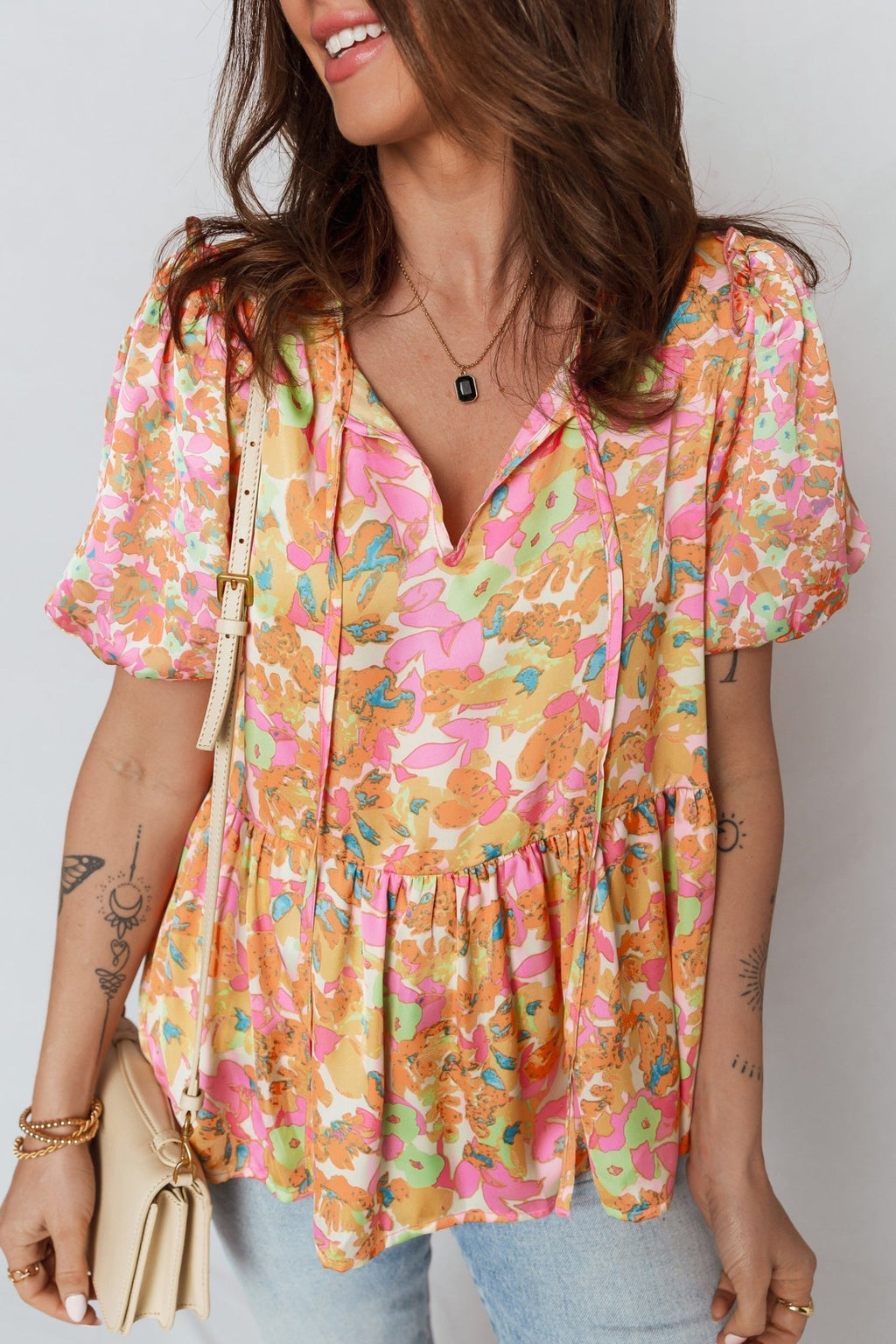 Flower Split V-Neck Short Sleeve Blouse - Rooted & Reckless Co.