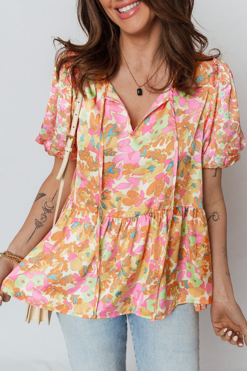 Flower Split V-Neck Short Sleeve Blouse - Rooted & Reckless Co.