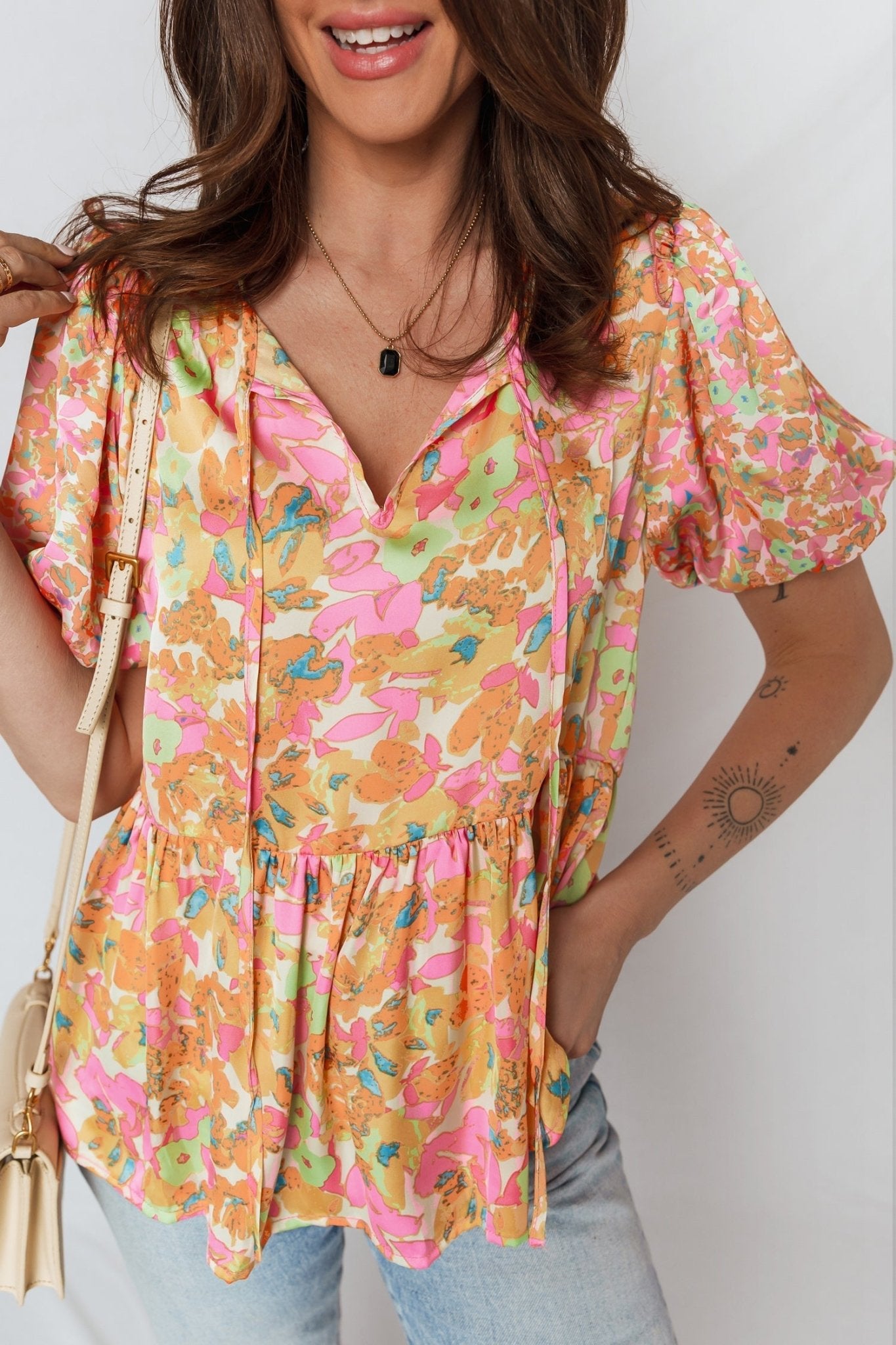 Flower Split V-Neck Short Sleeve Blouse - Rooted & Reckless Co.