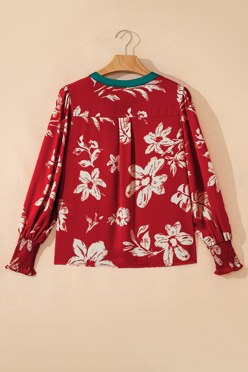 Flower Tied Neck Shirred Puff Sleeve Blouse - Rooted & Reckless Co.