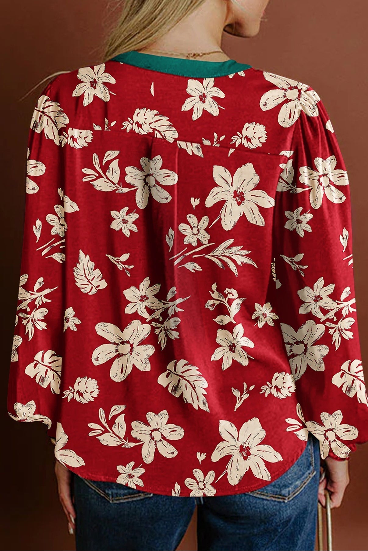 Flower Tied Neck Shirred Puff Sleeve Blouse - Rooted & Reckless Co.