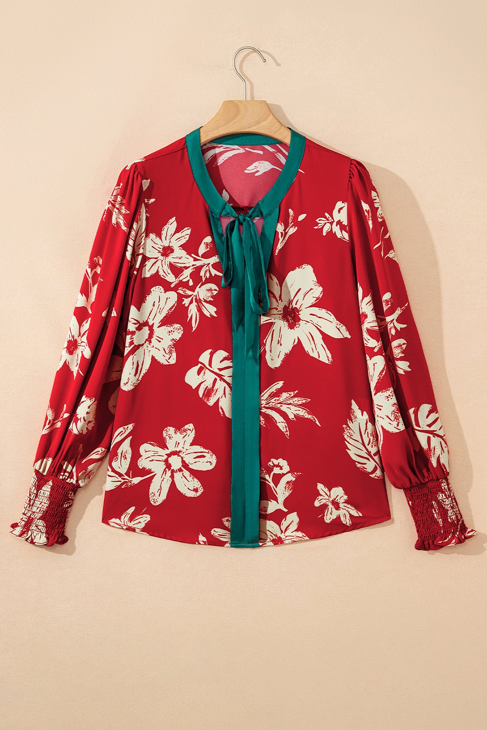 Flower Tied Neck Shirred Puff Sleeve Blouse - Rooted & Reckless Co.