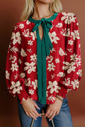 Flower Tied Neck Shirred Puff Sleeve Blouse - Rooted & Reckless Co.