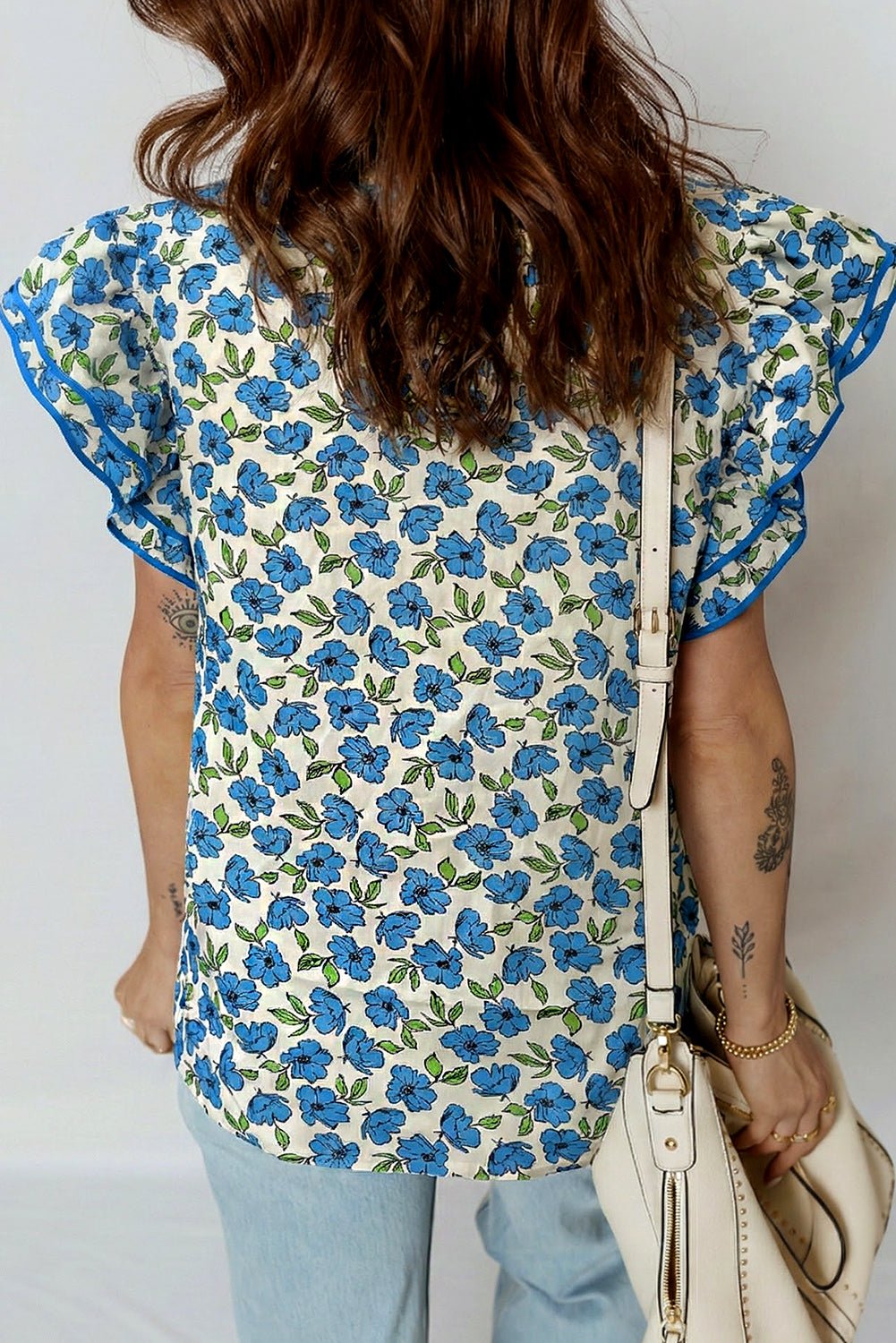 Flower Tiered Flutter Sleeve Pleated Blouse - Rooted & Reckless Co.